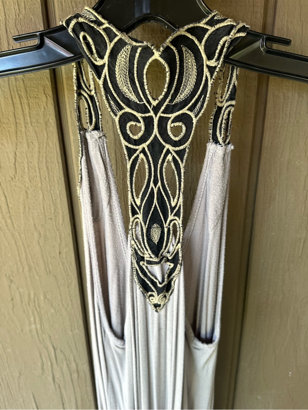 Embroidered Back Detail Maxi Dress in Taupe and Black